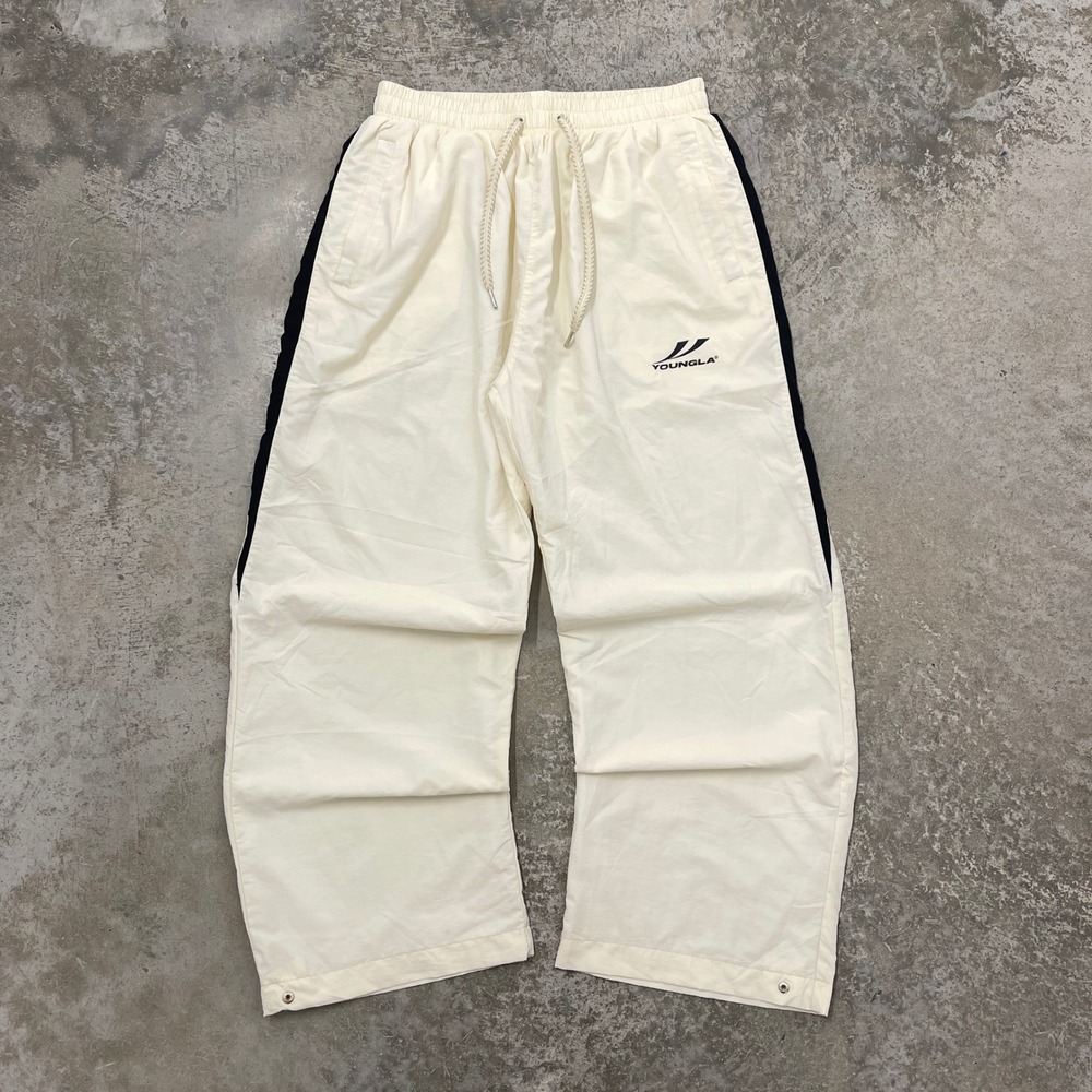 YoungLA Mens Cream Black Side Stripe Wide Leg Snap Button Track Pants Medium
